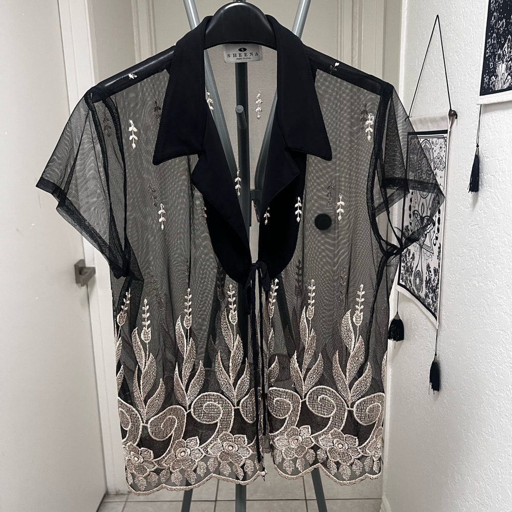 Vintage Sheer Mesh Black Blouse with Cream Floral Detail
